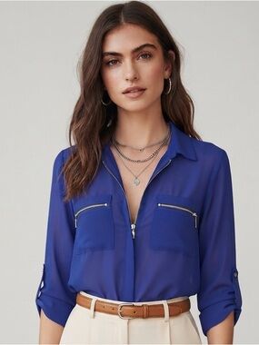 Streetwear Society Sheer Royal Blue Lightweight Zip-Front Collared Blouse Size M